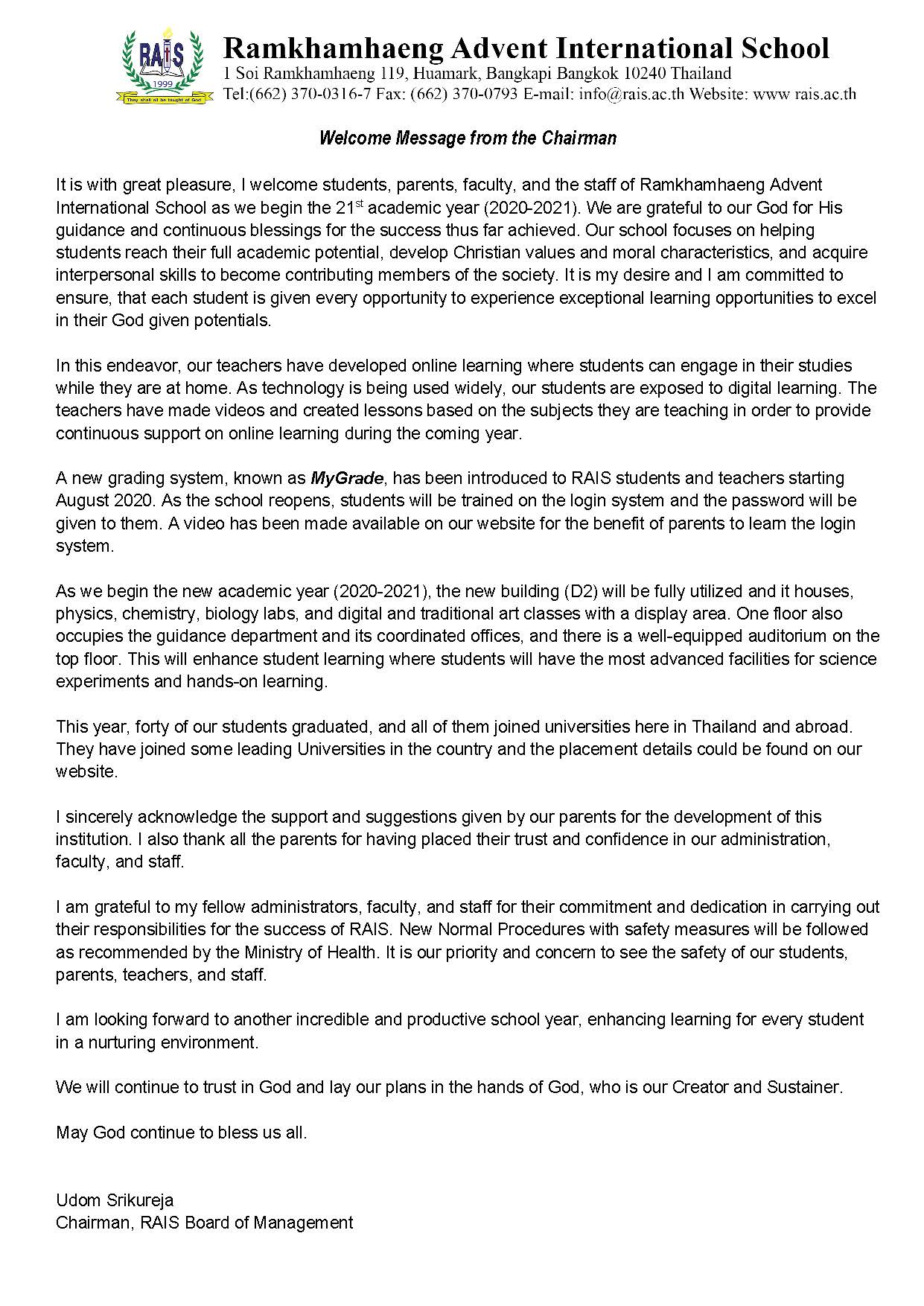 Welcome Message of the Chairman August 25-2020