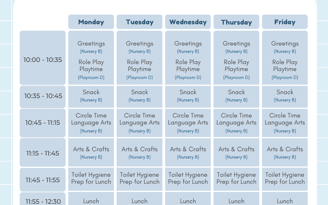 nursery prep class schedule 2022
